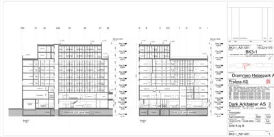 Snittegning (Snitt A og B) som viser tverrsnittet av bygningen med romfordeling og etasjeskille.