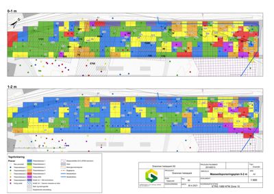 Situasjonsplan som viser en detaljert inndeling av et område (Drammen heldepark) med ulike soner, fargekoder for tilstandsclasser, og teknisk informasjon om prosjektet.