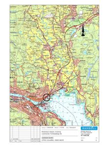 Oversiktskart over et område i Norge med topografi, veier, vann og byer. Kartet viser en markert rute eller område (rød linje og sirkel) og er utarbeidet av Rambøll.