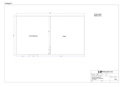 Etasjeplan (Vedlegg E1) som viser romfordeling (Sorteringsrom, Lager) og dimensjoner for en bygning.