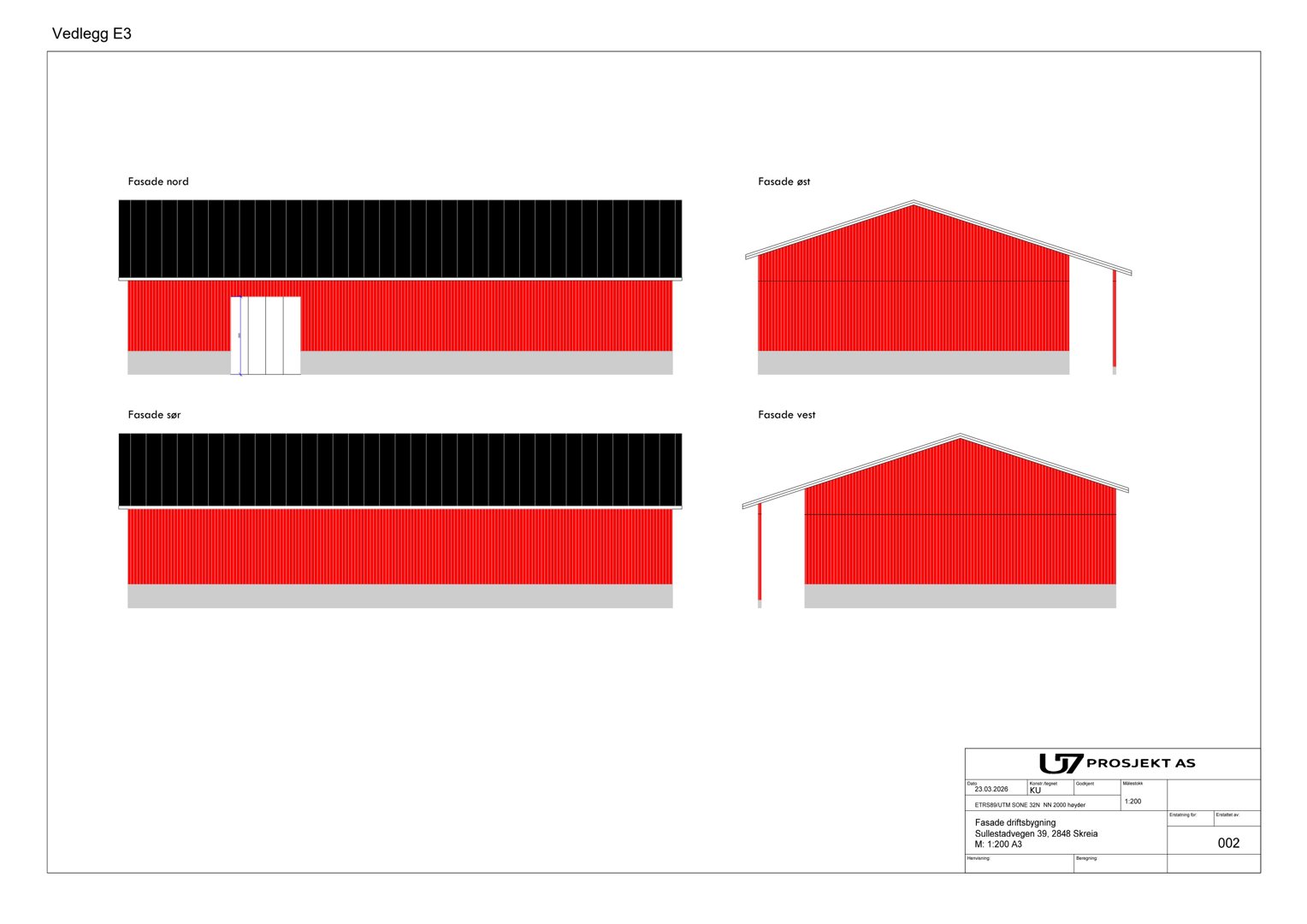 Fasadetegning som viser oppriss av bygningens fire sider (nord, øst, sør, vest) med fargekodet beplating.