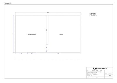 Etasjeplan (Vedlegg E1) som viser romfordeling (Sorteringsrom, Lager) og dimensjoner for en bygning.