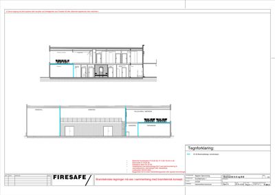 Snittegning som viser bygningens tverrsnitt med romfordeling, høyder og brannvernkonstruksjoner.