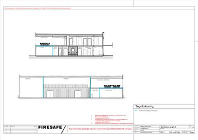 Snittegning som viser bygningens tverrsnitt med romfordeling, høyder og brannvernkonstruksjoner.