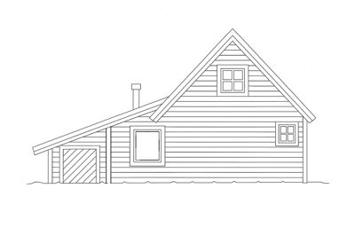 Fasadetegning som viser bygningens utseende fra fronten, inkludert takform, vinduer, dør og fasadepanel.