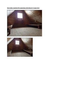 Fotografier av et innvendig annekset (stod) med skrå tak og trepanel, som er planlagt omgjort til soverom.