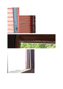 En collage av tre fotografier som viser detaljer av en fasade, inkludert en dør med nøkkelhull, et vindu med utsikt mot trær, og en vindusramme.