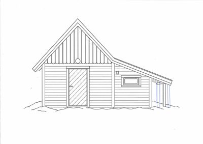 Fasadetegning som viser fronten på en liten bygning med dør, vindu og takform.