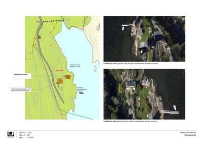 Situasjonskart som viser eksisterende og planlagt bebyggelse i forhold til eiendomsgrenser, vann og vei. Kartet inneholder også luftfotografier for orientering.