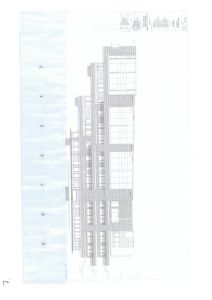 Fasadetegning som viser bygningens utseende fra siden, med vinduer, taklinjer og fasadeforhold.