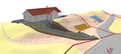 Situasjonsplan som viser en bygning plassert på et terreng med markerte vegforbindelser, vannløp og andre tomteelementer.