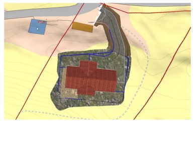 Situasjonsplan som viser en bygning (rødt tak) plassert på en tomt med terrengforhold (konturlinjer) og vei (grå linje).