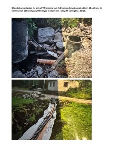 Fotodokumentasjon av en VA-leidning lagt i grøft med kum og rør.