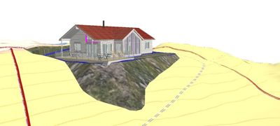 Situasjonsplan som viser en husmodell plassert på et terreng med høydeforskjeller, med overlagte linjer for vei og grenser.