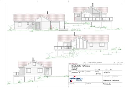 Fasadetegning som viser bygningens utseende fra fire ulike vinkler (front, side, bak og en vinkel), inkludert detaljer om tak, vinduer, balkonger og trapper.