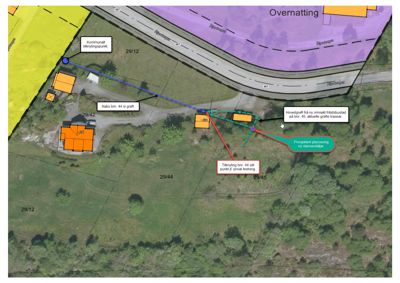 Situasjonsplan som viser tomtens plassering i forhold til naboer, vei og vannledninger.