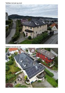 To fotografier av en bygning med solpaneler på taket; øverst et fotografi fra bakken og nederst et luftfotografi.