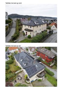 To fotografier som viser takflaten til en bygning fra ulike vinkler (mot øst/nord og øst/sør).