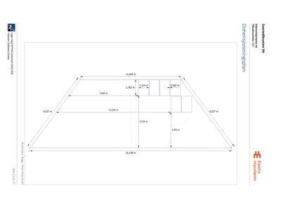 Dimensjoneringsplan for en solcelleanlegg (PV) på taket av Svartediksv. 9A, med mål og oppdeling av takflaten.