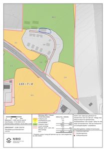 Gårdsplan (GIS-kart) som viser eiendomsdata, markslag, arealtall og eiendomsgrenser.