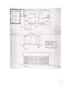 Bildet viser en tegning med etasjeplan (grunnplan) øverst, samt snitt og fasade under. Det er rombetegnelser og mål angitt.