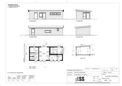 Fasadetegning med oppriss av bygningen sett fra fire sider (Sør, Øst, Nord, Vest) samt et snitt (Snitt A-A).