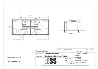 Bildet viser en tegning med etasjeplan (Plan) og snittegning (snitt A-A) for en hytte, inkludert mål og romfordeling.