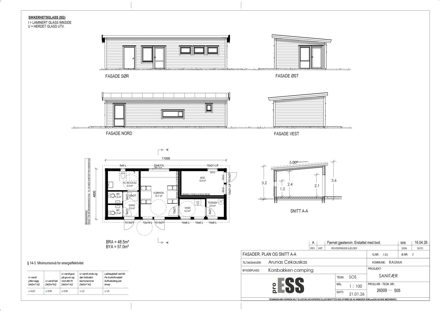 Fasadetegning med oppriss av bygning sett fra fire sider (SØR, ØST, NORD, VEST) samt et snitt (SNITT A-A).