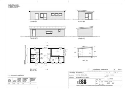 Fasadetegning med oppriss av bygning sett fra fire sider (SØR, ØST, NORD, VEST) samt et snitt (SNITT A-A).