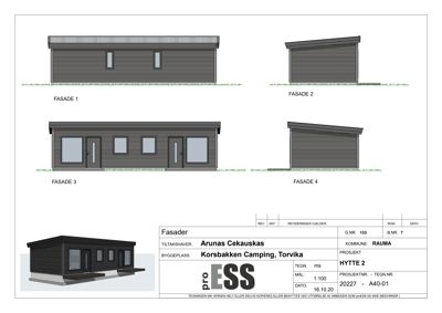 Fasadetegning som viser fire utsnitt av bygningens fasader (Fasade 1-4) samt en 3D-visualisering av hele hytten.