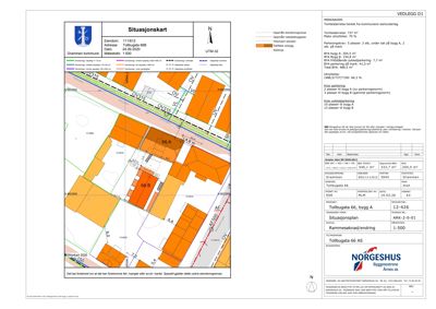 Situasjonskart som viser tomtens plassering i forhold til nabolag, veier og eiendommer.