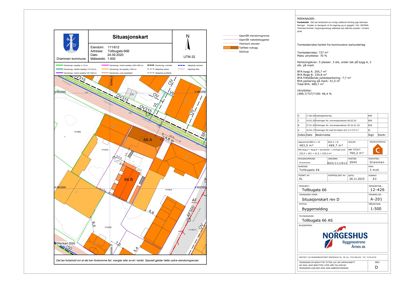 Situasjonskart som viser tomtens grenser, naboeiendommer og bygningsplassering.