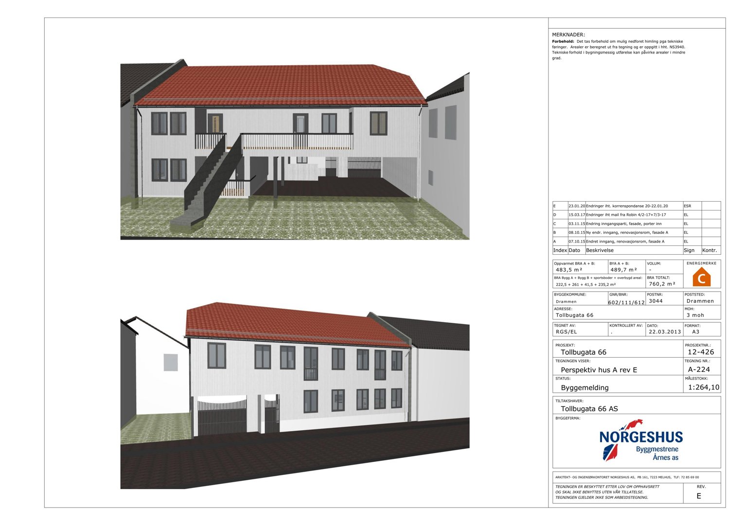 3D-visualisering av et hus sett fra siden, med arkitektoniske detaljer som tak, vinduer og trapp.