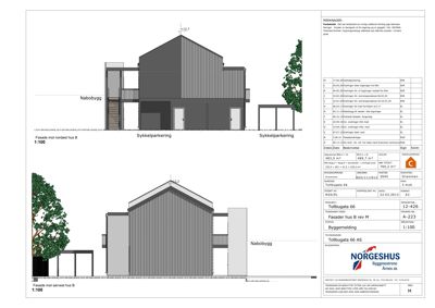 Fasadetegning av et hus sett fra nordvest og sørvest, med mål og notasjoner.