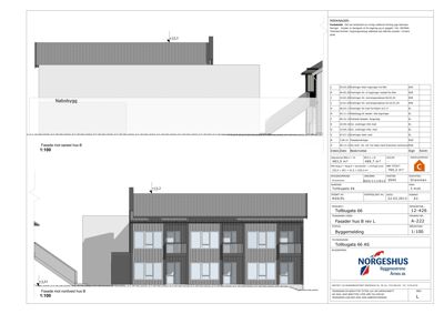 Fasadetegning av et hus sett fra nordvest, med mål og byggesaksinformasjon.