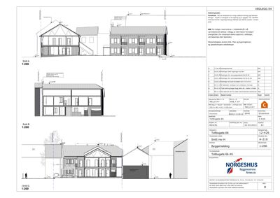 Snittegning av en bygning med to etasjer, inkludert mål og tekniske notater.