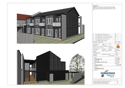 3D-visualisering av et planlagt hus med fasade og terreng.