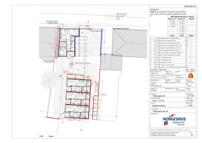 Etasjeplan (1. etasje) med romfordeling, mål og teknisk informasjon.