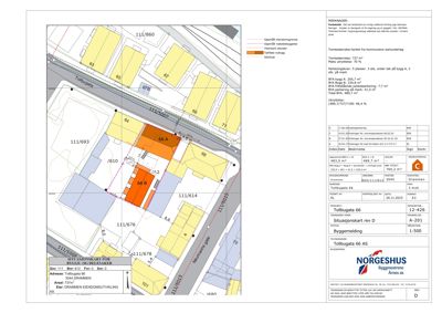 Situasjonsplan som viser tomtens grenser, naboeiendommer, bygningens plassering og arealoppdelinger.