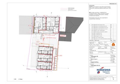 Etasjeplan (2. etasje) med romfordeling, mål og tekniske notater.