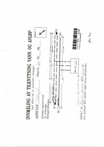 Teknisk tegning som viser innmåling av tilknytning til vann og avløp, med mål og rørgater.