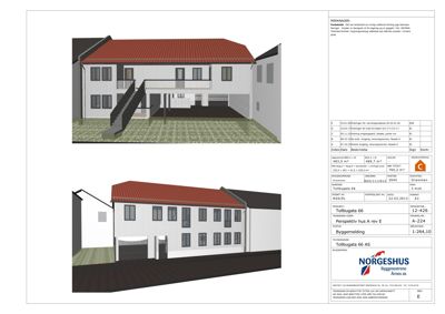 3D-visualisering av et hus sett fra fronten, med tilhørende teknisk informasjonsskjema til høyre.