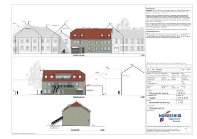 Fasadetegning som viser bygningens utseende fra flere vinkler (nordvest, sørvest, øst) med farge og detaljer.