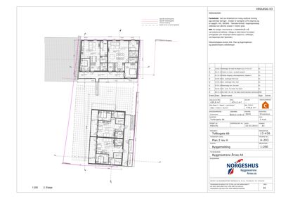 Etasjeplan (2. etasje) med romfordeling, mål og tekniske notater.