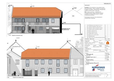 Fasadetegning av en toetasjes bygning med oppgitt høyder, vindusoppsett og omgivelsesplassering.