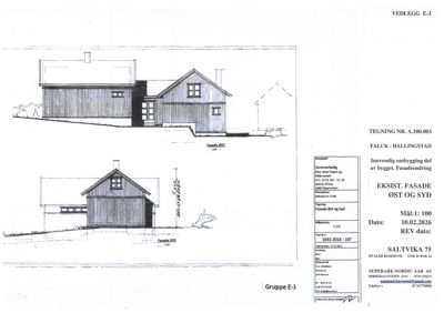Fasadetegning som viser bygningens utseende fra øst og syd.