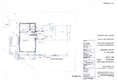 Etasjeplan (1.-etasje) som viser romfordeling, vegger og inngang for en fasadeendring.