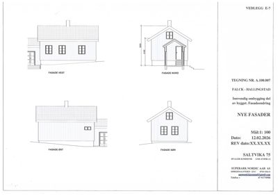 Fasadetegning som viser bygningens utsyn fra fire sider (Vest, Nord, Øst og Sør).