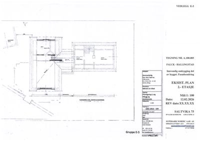 Plantegning av 2.-etasje med romfordeling, dører, vinduer og dimensjoner.