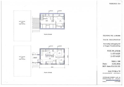 Tegning som viser romfordeling og etasjer (1. og 2. etasje) for en bygning.